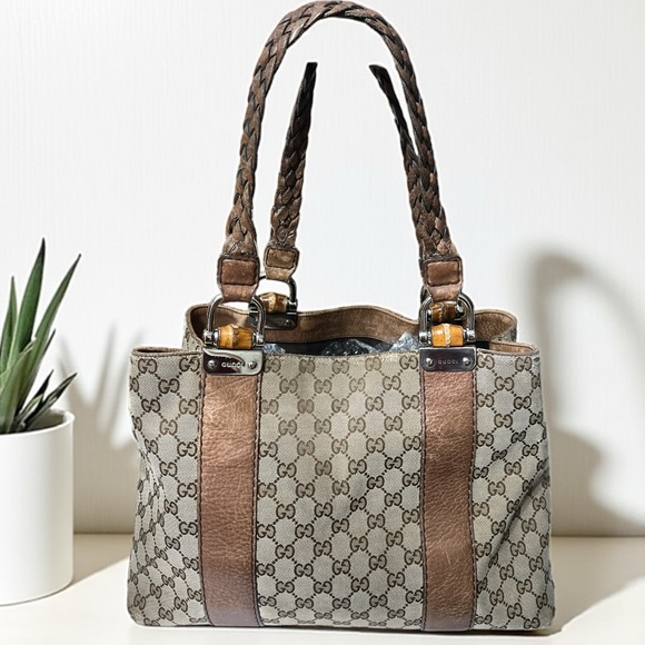 Gucci ✨Beige and Brown Monogram Medium Bamboo Bar Tote Bordeaux - Picture 2 of 6
